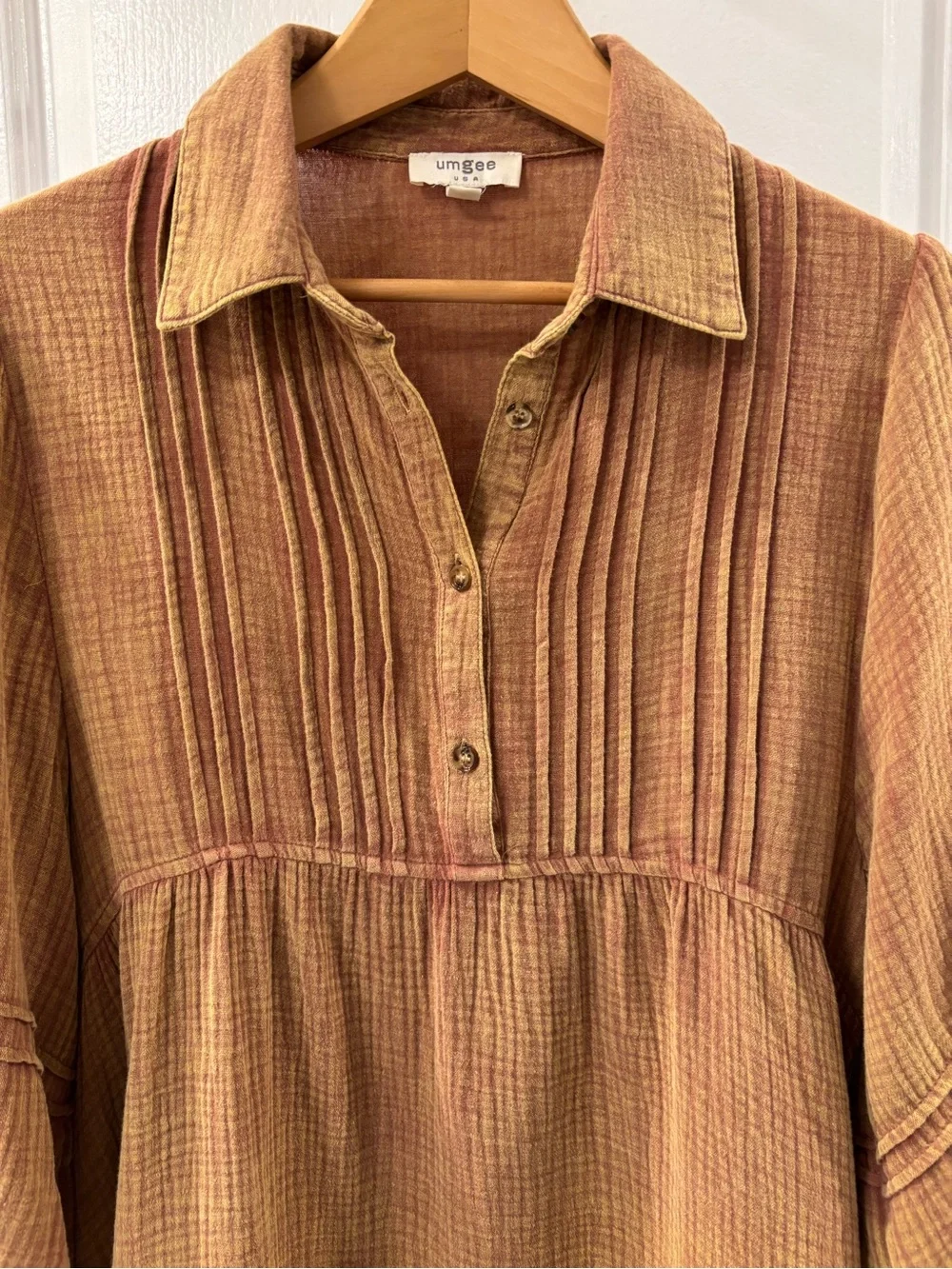 Umgee Mineral Wash Gauze Pintuck Brown Babydoll Tunic size S - Picture 3 of 9